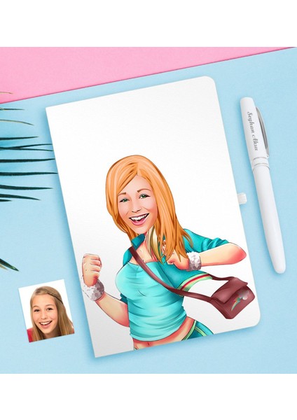 Kişiye Özel Kadın Karikatürlü Beyaz Defter ve Kalem Hediye Seti-52