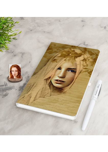 Kişiye Özel Kadın Retro Sanatsal Portre Tasarımlı Beyaz Defter ve Kalem Hediye Seti-1