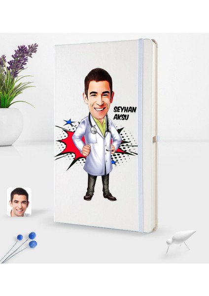 Kişiye Özel Erkek Doktor Karikatürlü Beyaz Termo Deri Defter 16X24CM Model 2