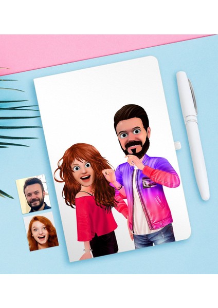 Kişiye Özel Sevgililer Animasyon Karikatürlü Beyaz Defter ve Kalem Hediye Seti-32