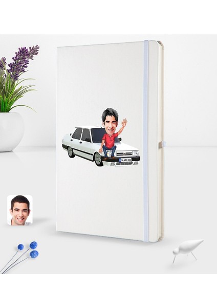 Kişiye Özel Plakalı Erkek Tofaş Doğan Slx Karikatürlü Beyaz Termo Deri Defter 16X24CM Model 1