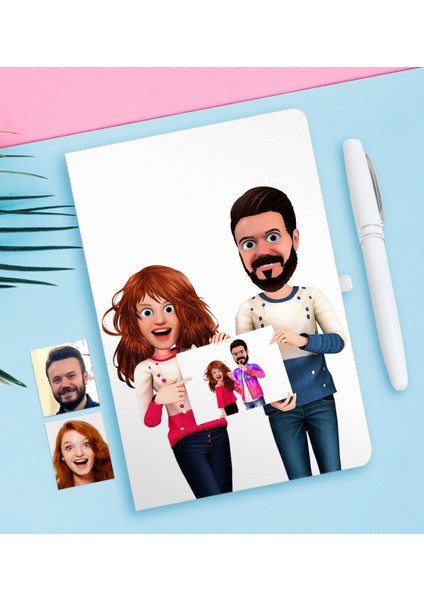 Kişiye Özel Sevgililer Animasyon Karikatürlü Beyaz Defter ve Kalem Hediye Seti-33