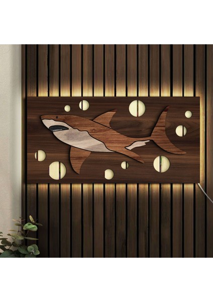 LED Işıklı Köpek Balığı Tasarımlı Ahşap Bar TABELASI(38X19CM)-1, Home Bar Tabela, Rustik Ev Dekorasyonu, Duvar Dekoru