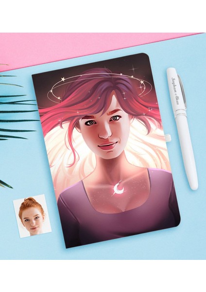 Kişiye Özel Kadın Soyut Karikatürlü Beyaz Defter ve Kalem Hediye Seti-11