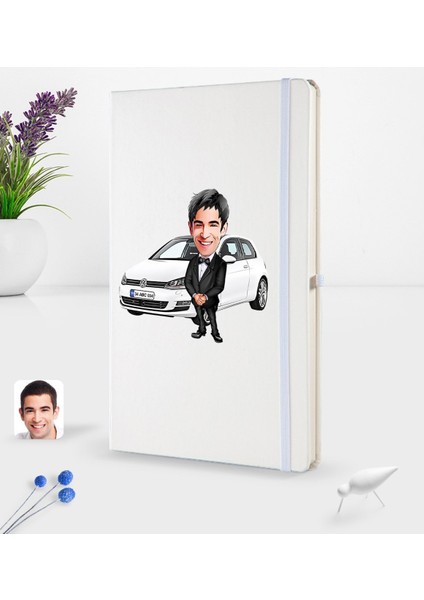 Kişiye Özel Plakalı Erkek Volkswagen Golf Karikatürlü Beyaz Termo Deri Defter 16X24CM Model 1
