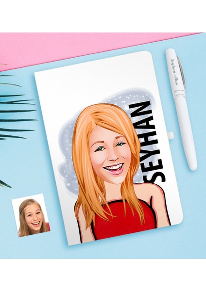Kişiye Özel Bayan Karikatürlü Beyaz Defter ve Kalem Hediye Seti-33