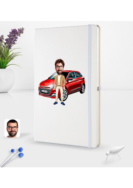 Kişiye Özel Plakalı Erkek Hyundai I20 Karikatürlü Beyaz Termo Deri Defter 16X24CM Model 1