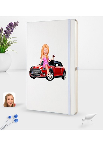 Kişiye Özel Plakalı Kadın Mini Cooper Karikatürlü Beyaz Termo Deri Defter 16X24CM Model 1