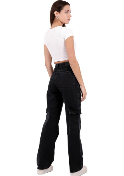 Kargo Cepli Geniş Paçalı Yüksek Belli Kadın Kot Pantolon Dört Mevsim Normal Antrasit indirimleri