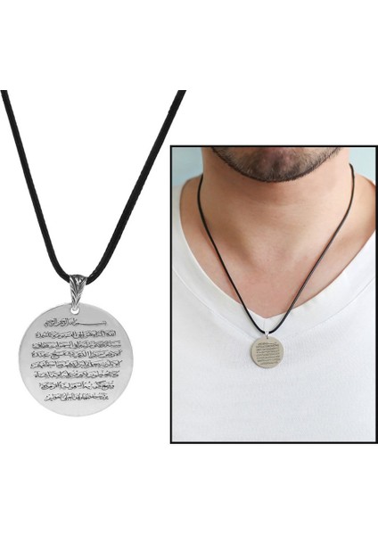 Ayetel Kursi Yazılı İp Zincirli 925 Ayar Gümüş Erkek Kolye