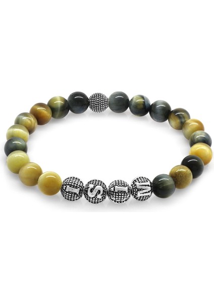 Çok Renkli Kaplangözü Metal Kombinli Kişiye Özel İsim Yazılı Küre Kesim Doğaltaş Bileklik