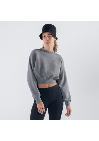 Friday Offset Monica Kadın Gri Melanj Oversize Bisiklet Yaka Crop Sweatshirt