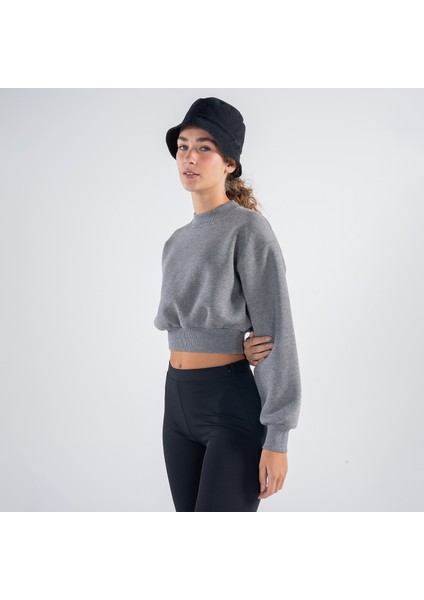 Friday Offset Monica Kadın Gri Melanj Oversize Bisiklet Yaka Crop Sweatshirt