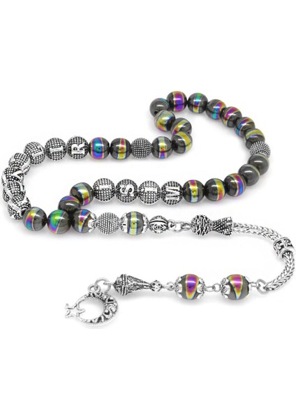 Kararmaz Metal Püsküllü Küre Kesim İsim Yazılı Multicolor Hematit Doğaltaş Tesbih