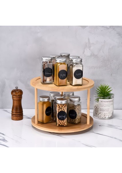 Bambu 360 Derece Döner Stantlı Sunumluk Organizer Düzenleyici 2 Katlı Baharatlık -TK2400