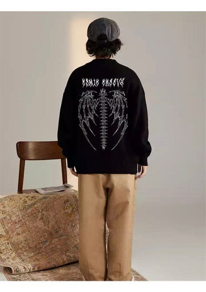 Daily Fashion Harajuku Siyah Tribal Ön Arka Işlemeli Oversize Unisex Kazak