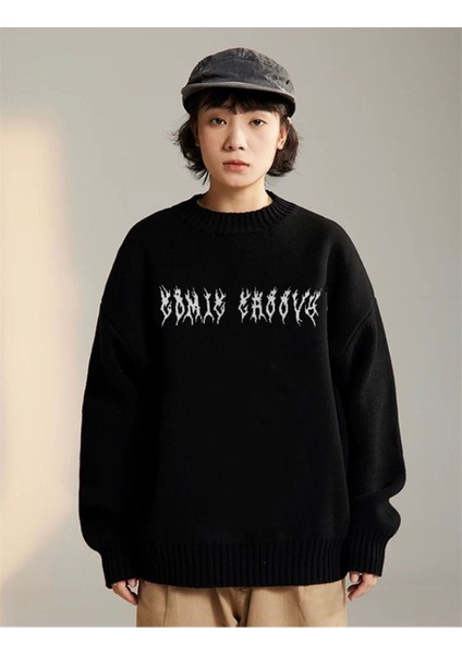 Daily Fashion Harajuku Siyah Tribal Ön Arka Işlemeli Oversize Unisex Kazak