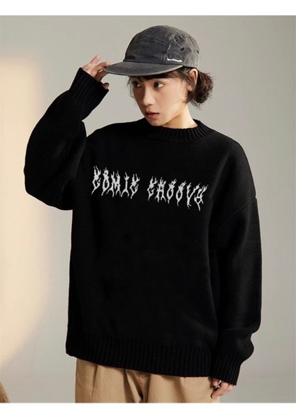 Daily Fashion Harajuku Siyah Tribal Ön Arka Işlemeli Oversize Unisex Kazak