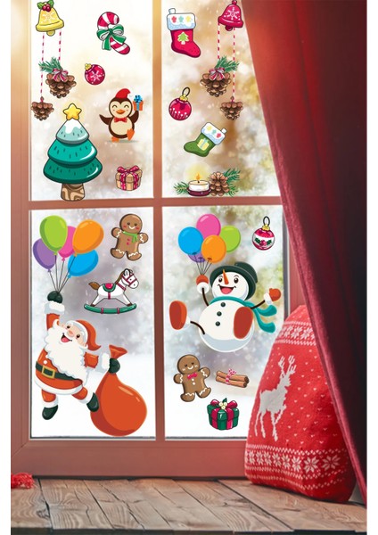 Balonla Uçan Noel Baba ve Kardan Adam Yılbaşı Süsleri Pencere Duvar Sticker fiyatları