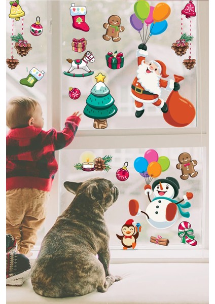 Balonla Uçan Noel Baba ve Kardan Adam Yılbaşı Süsleri Pencere Duvar Sticker modelleri