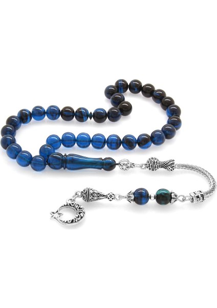 Kararmaz Metal Ayyıldız Püsküllü Küre Kesim Süzme Mavi-Siyah Sıkma Kehribar Tesbih