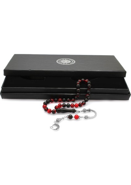 Kararmaz Metal Ayyıldız Püsküllü Küre Kesim Kırmızı-Siyah Ateş Kehribar Tesbih fiyatları