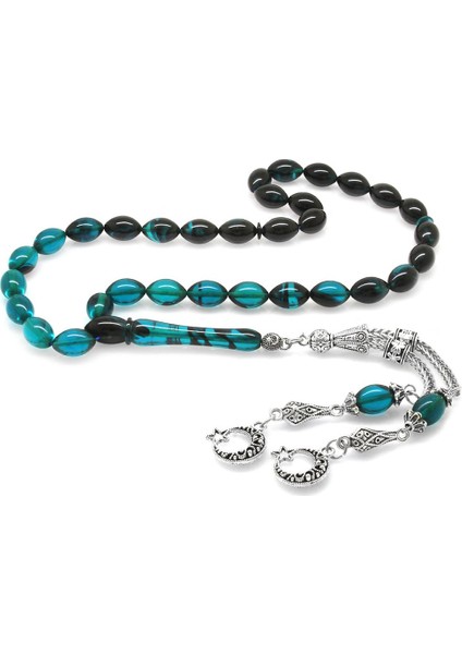 Kararmaz Metal Ayyıldız Püsküllü Arpa Kesim Süzme Turkuaz-Siyah Ateş Kehribar Tesbih