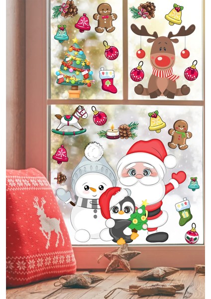 Sevimli Kardan Adam Noel Baba ve Geyik Temalı Yılbaşı Pencere, Duvar Sticker