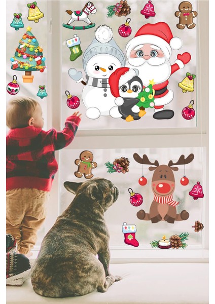 Sevimli Kardan Adam Noel Baba ve Geyik Temalı Yılbaşı Pencere, Duvar Sticker fiyatları