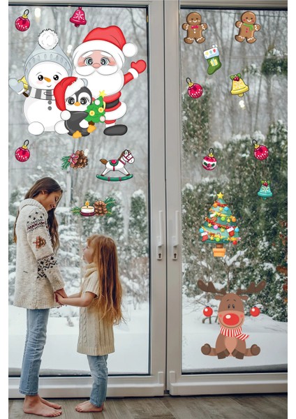 Sevimli Kardan Adam Noel Baba ve Geyik Temalı Yılbaşı Pencere, Duvar Sticker modelleri