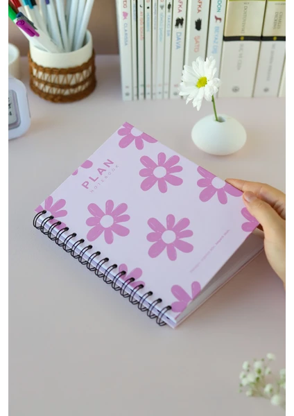 Deep Notebook Süresiz Planlayıcı Ajanda A5 Spiralli Pembe Çiçekler Renkli Tasarım