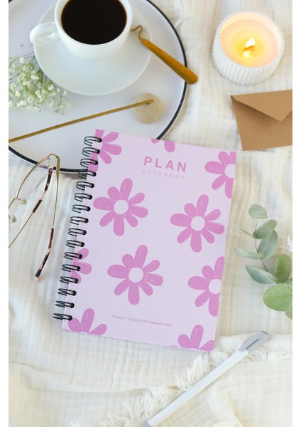 Deep Notebook Süresiz Planlayıcı Ajanda A5 Spiralli Pembe Çiçekler Renkli Tasarım