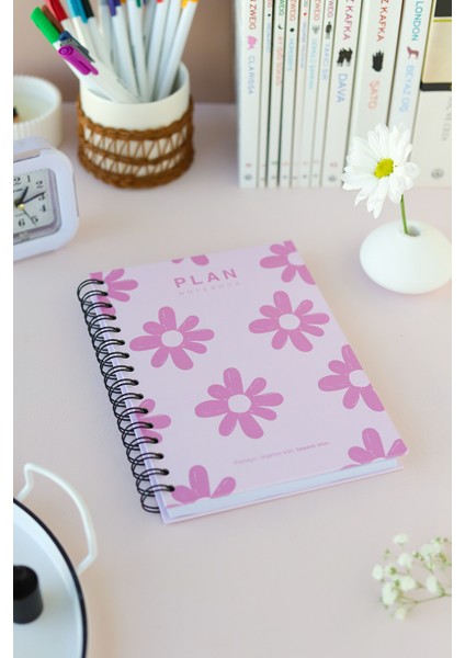 Deep Notebook Süresiz Planlayıcı Ajanda A5 Spiralli Pembe Çiçekler Renkli Tasarım