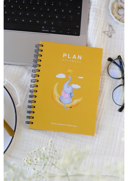 Deep Notebook Süresiz Planlayıcı Ajanda A5 Spiralli Hilal ile Fil Maskot Tasarımı