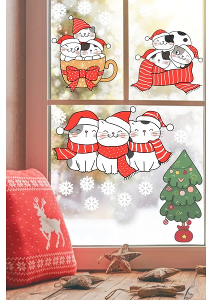 Sevimli Yaramaz Kediler Temalı Yılbaşı Pencere Sticker Seti Çocuk Bebek Odası