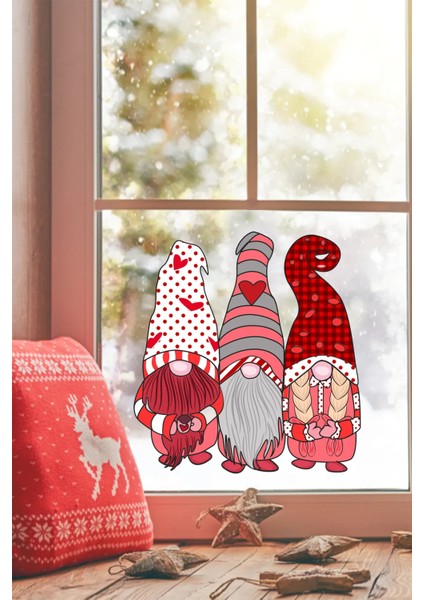 Yılbaşı Cüceler Pencere, Duvar Sticker Yılbaşı Özel Sevimli Cüceler Sticker