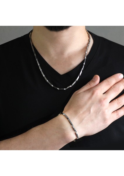 Silver Renk 317L Çelik Singapur Erkek Zincir Kolye & Bileklik Kombini