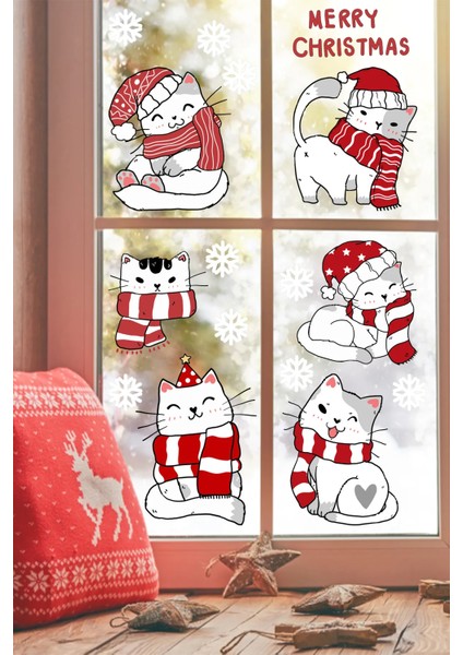 Sevimli Noel Kedileri ve Kar Taneleri Yılbaşı Pencere Duvar Sticker Seti