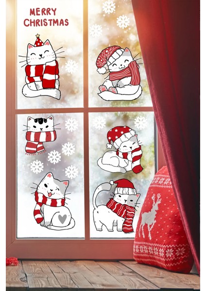 Sevimli Noel Kedileri ve Kar Taneleri Yılbaşı Pencere Duvar Sticker Seti fiyatları