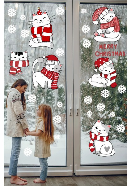 Sevimli Noel Kedileri ve Kar Taneleri Yılbaşı Pencere Duvar Sticker Seti indirimleri