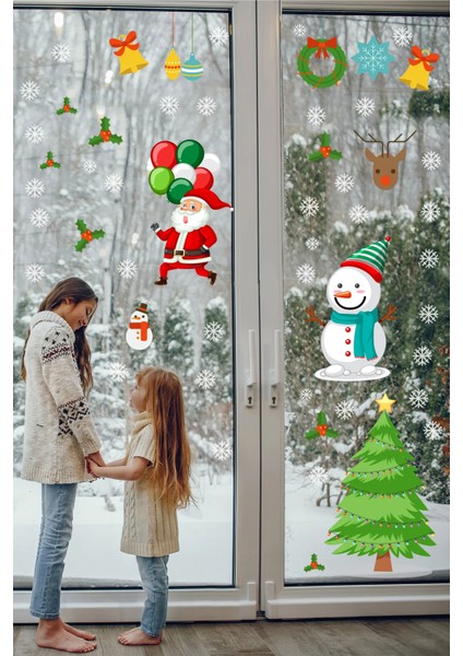 Kt Grup Yılbaşı Sticker Noel Baba Pencere Süsleri ve Kar Taneleri Temalı Pencere, Duvar Sticker