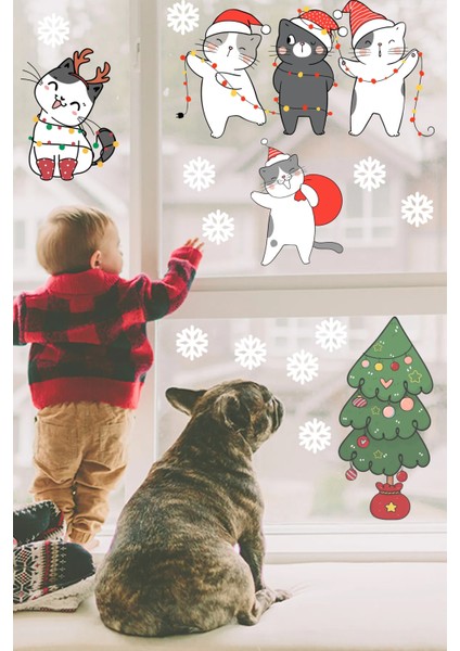 Sevimli Kediler ve Kar Taneleri Temalı Yılbaşı Pencere Duvar Sticker fiyatları