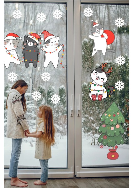 Sevimli Kediler ve Kar Taneleri Temalı Yılbaşı Pencere Duvar Sticker modelleri
