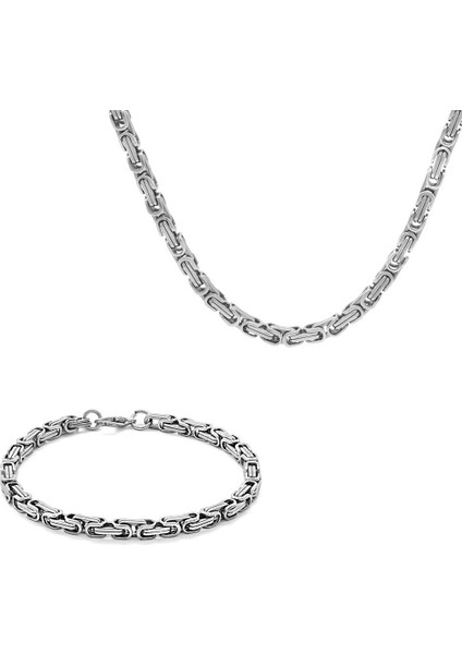 Silver Renk Kalınlık 5 mm 317L Çelik Kral Erkek Zincir Kolye & Bileklik Kombini