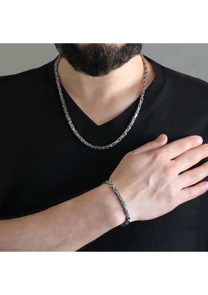 Silver Renk Kalınlık 5 mm 317L Çelik Kral Erkek Zincir Kolye & Bileklik Kombini