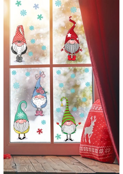 Yılbaşı Sticker Sevimli Cüceler ve Kar Taneleri Dekoratif Pencere, Duvar Sticker