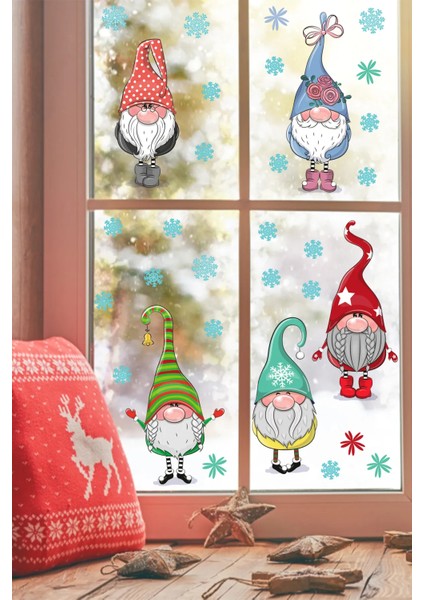 Yılbaşı Sticker Sevimli Cüceler ve Kar Taneleri Dekoratif Pencere, Duvar Sticker fiyatları