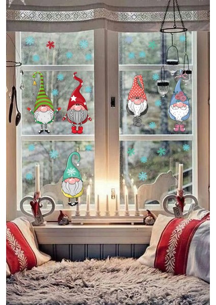 Yılbaşı Sticker Sevimli Cüceler ve Kar Taneleri Dekoratif Pencere, Duvar Sticker modelleri