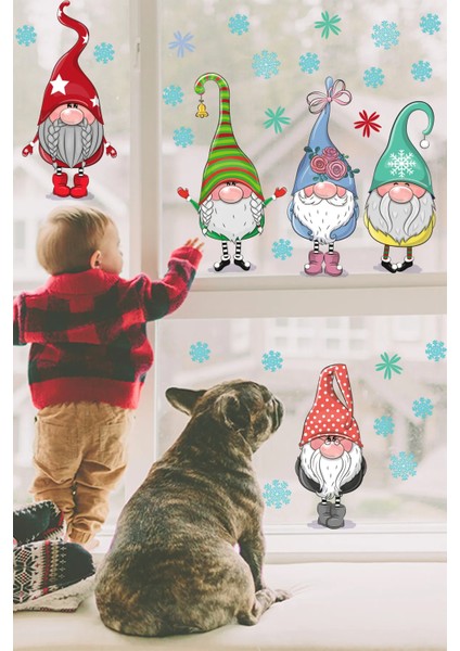 Yılbaşı Sticker Sevimli Cüceler ve Kar Taneleri Dekoratif Pencere, Duvar Sticker fırsatları