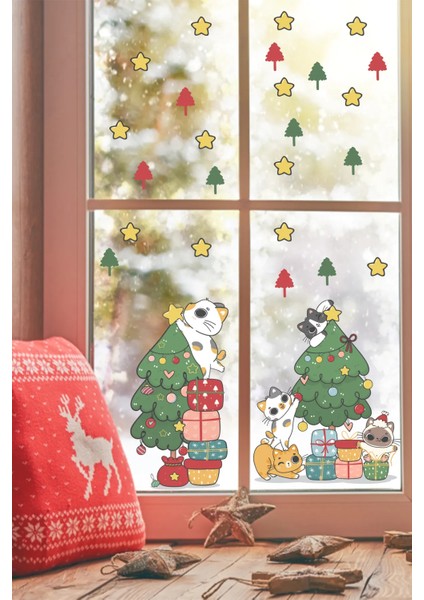 Pencere Süsleyen Sevimli Kediler Yılbaşı Pencere, Duvar Sticker